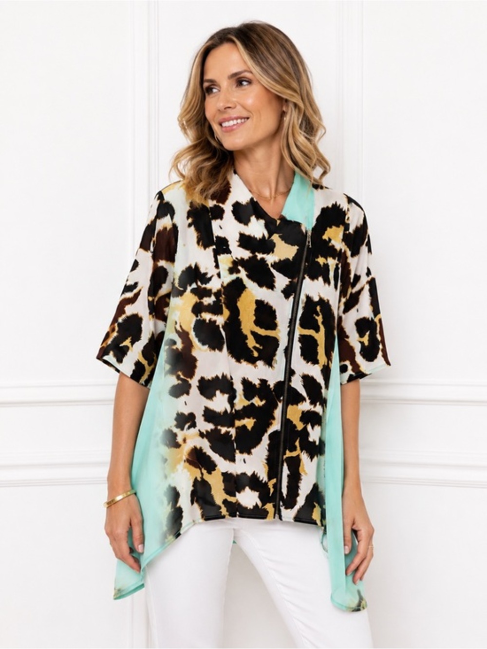 FERATELLI Abstract Animal Print Zip Front Tunic Top Sz M